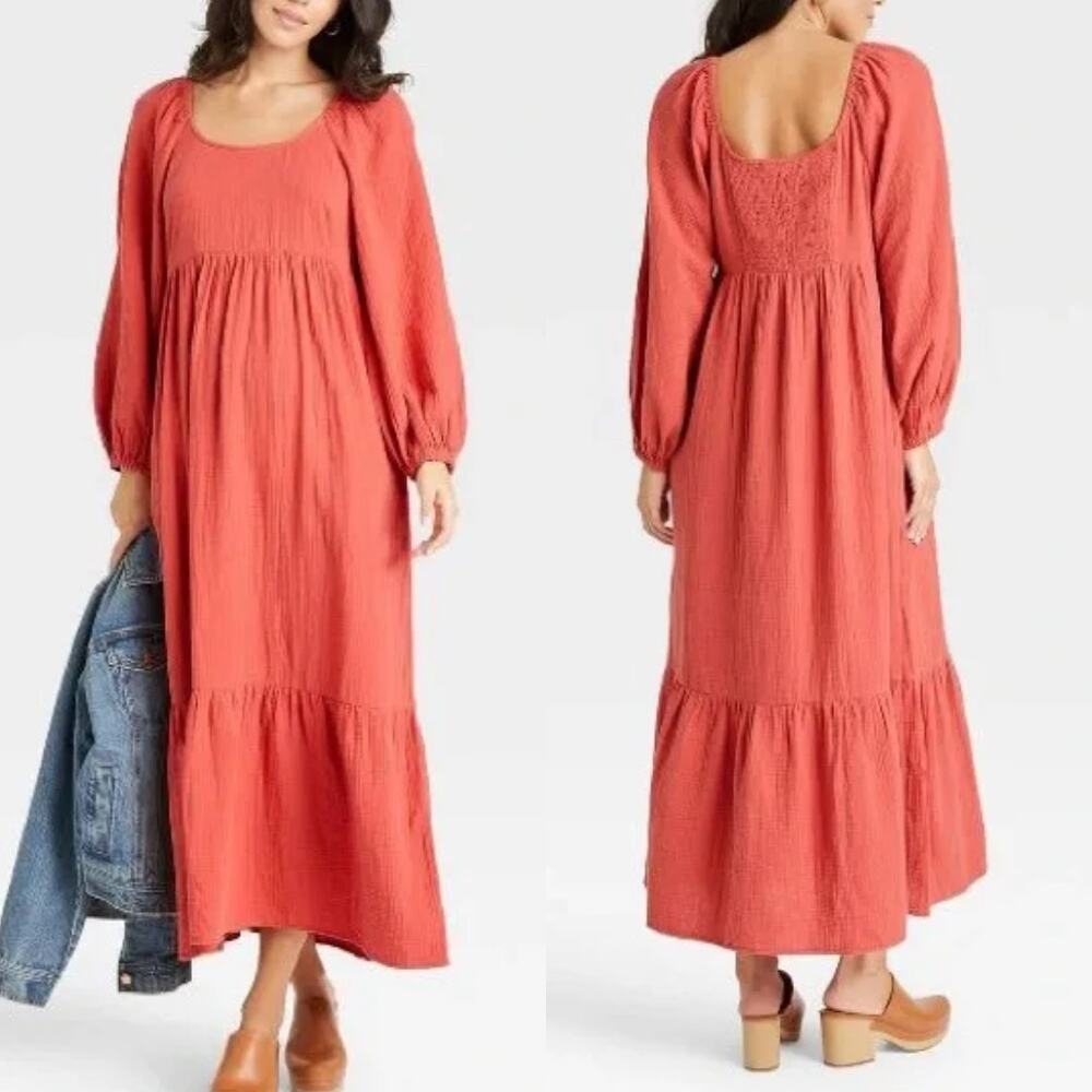 NEW! Universal Thread Women's Balloon Long Sleeve Tiered Dress M Aura Red *Read